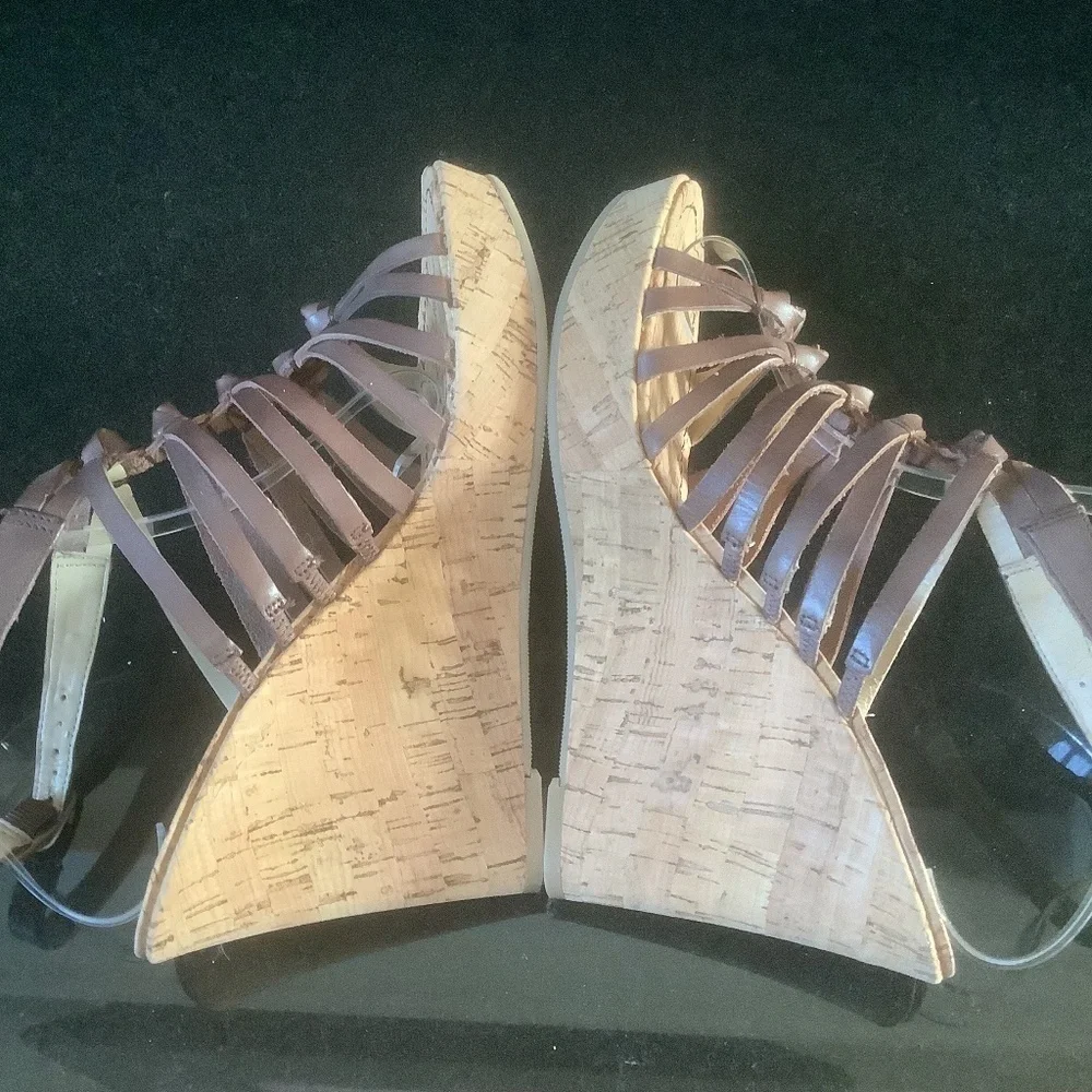 NEW Marc Fisher MFCARNIE Leather Cork Wedge Ankle‎ Strap Sandal Sz 10